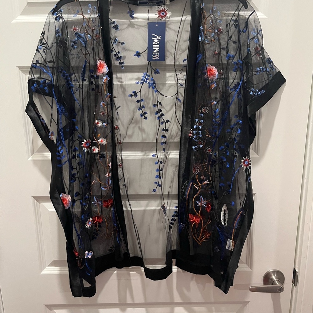 Highness Black Sheer Floral Kimono Jacket NWT